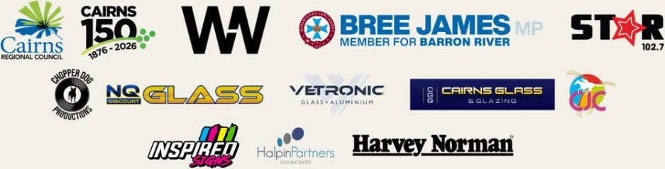Stratford Sounds event partners — Cairns Regional Council, Cairns 150, Bree James MP, Star 102.7, Chopper Dog Productions, NQ Discount Glass, Vetronic, Cairns Glass & Glazing, Inspired Shades, Halpin Partners and Harvey Norman